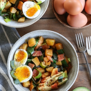 Two bowls of rutabaga hash with chilies and 6-minute eggs for breakfast.