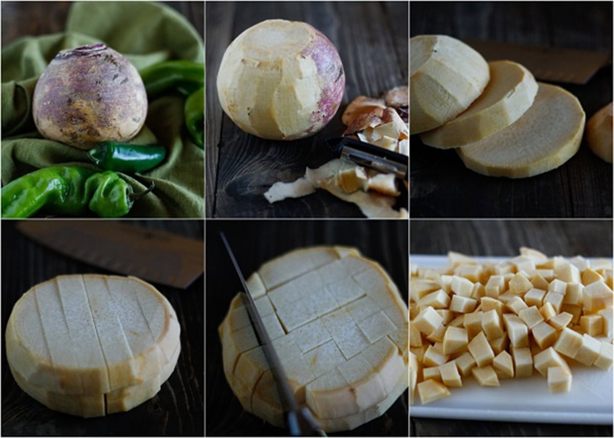 A six-panel image showing the process of peeling and dicing a rutabaga: starting with whole rutabaga and peppers, then peeling, slicing, and finally cutting the rutabaga into cubes on a dark surface.