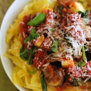 Big bowl of spaghetti squash marinara, ready to serve