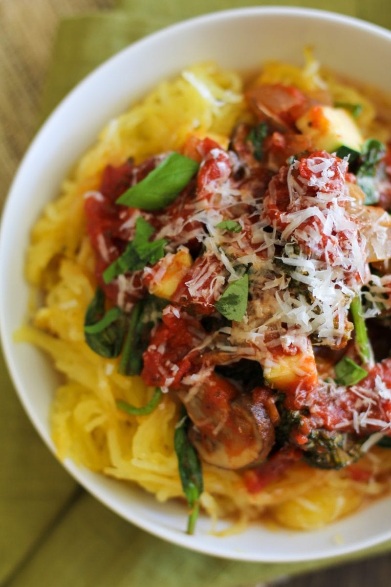 Big bowl of spaghetti squash marinara, ready to serve