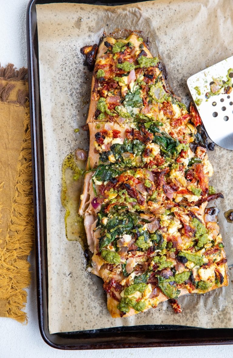 Sun-Dried Tomato and Feta Baked Salmon with Spinach - The Roasted Root