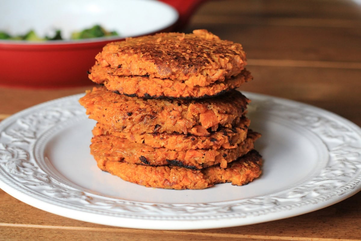 Stack of Sweet Potato Hash Browns on a plate, ready to serve.