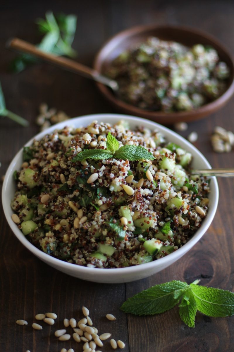 Refreshing tri-color quinoa salad with cucumber, mint, and lime dressing | theroastedroot.net #vegan #healthy #recipe #vegetarian