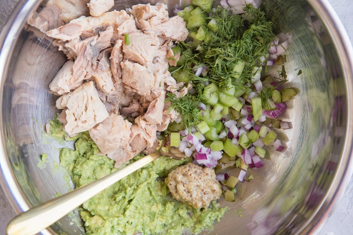 Ingredients for Tuna Salad in a mixing bowl