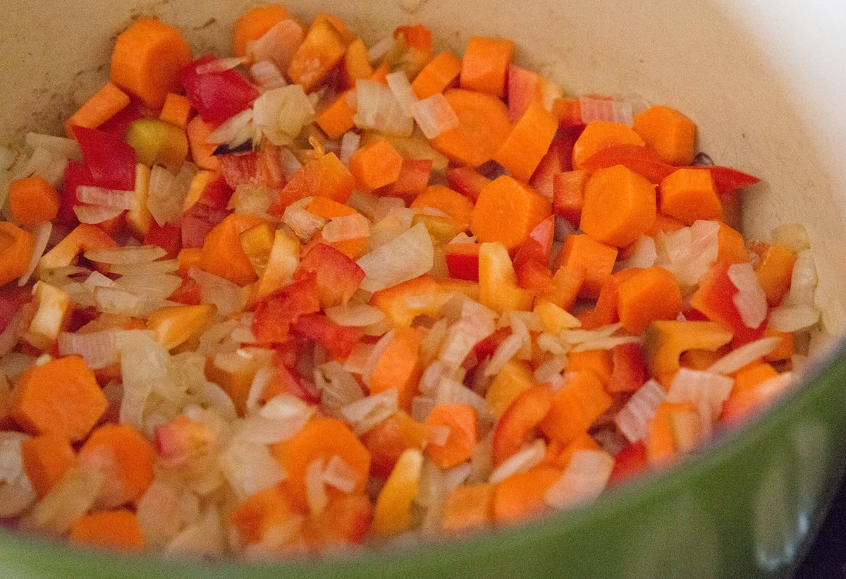 Saute the vegetables for corn chowder