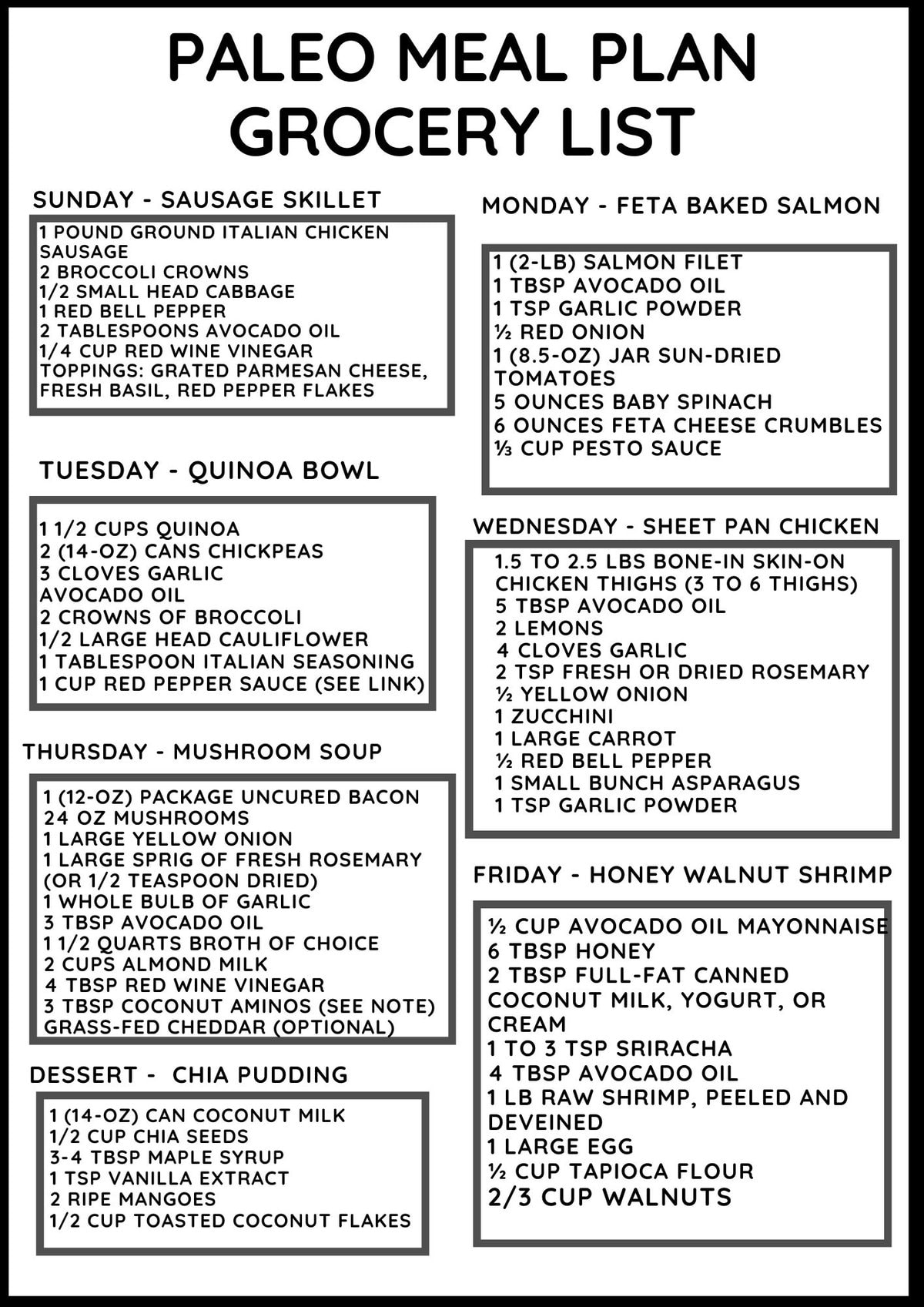 Grocery list for a healthy meal plan