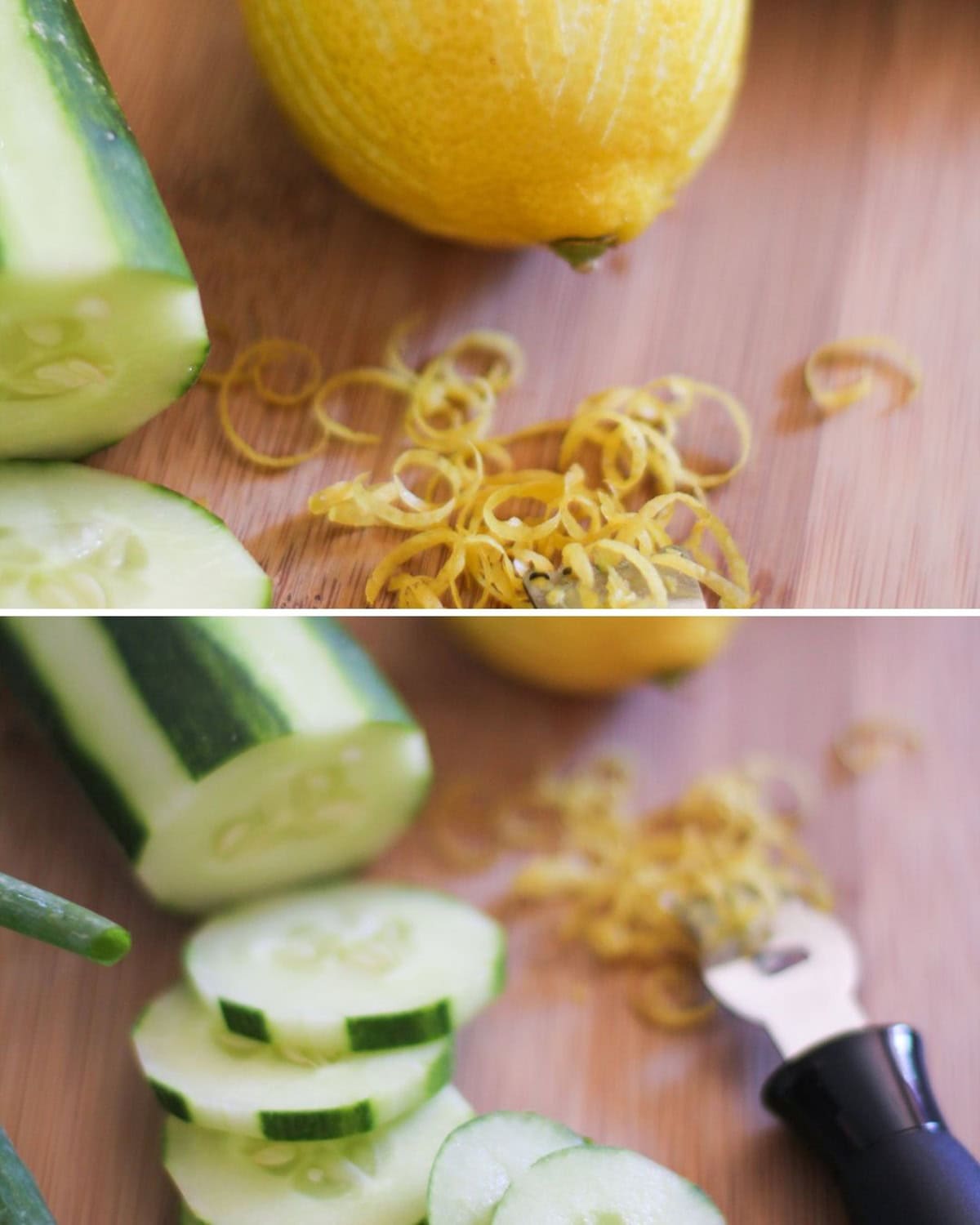 Prep photos for cucumber salad. One with a sliced cucumber and the other with a lemon being zested.