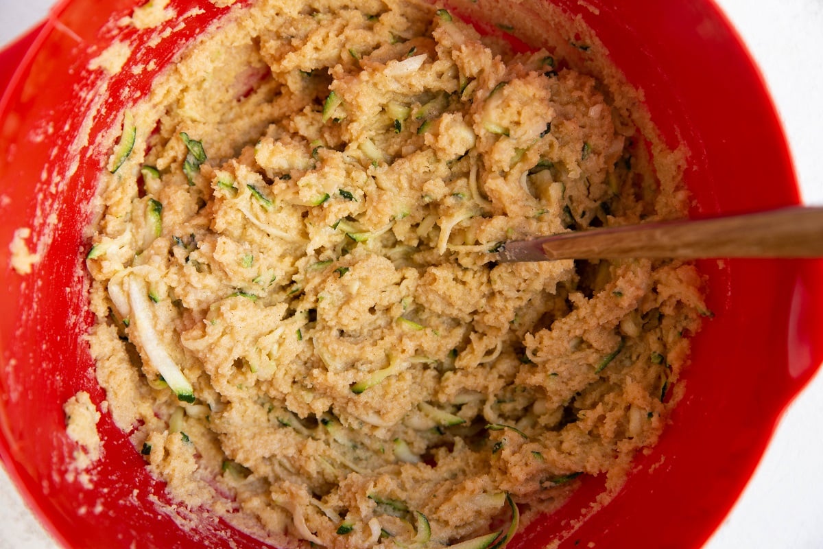 Zucchini cake batter in a mixing bowl.