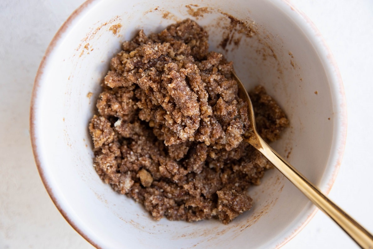 Streusel topping in a bowl for crumb cake.