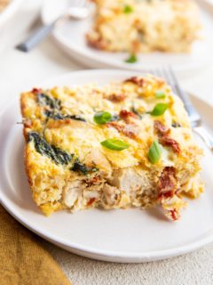 Close up on chicken and spinach egg casserole.