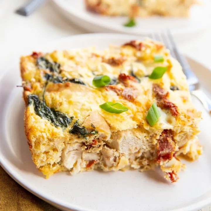 Close up on chicken and spinach egg casserole.