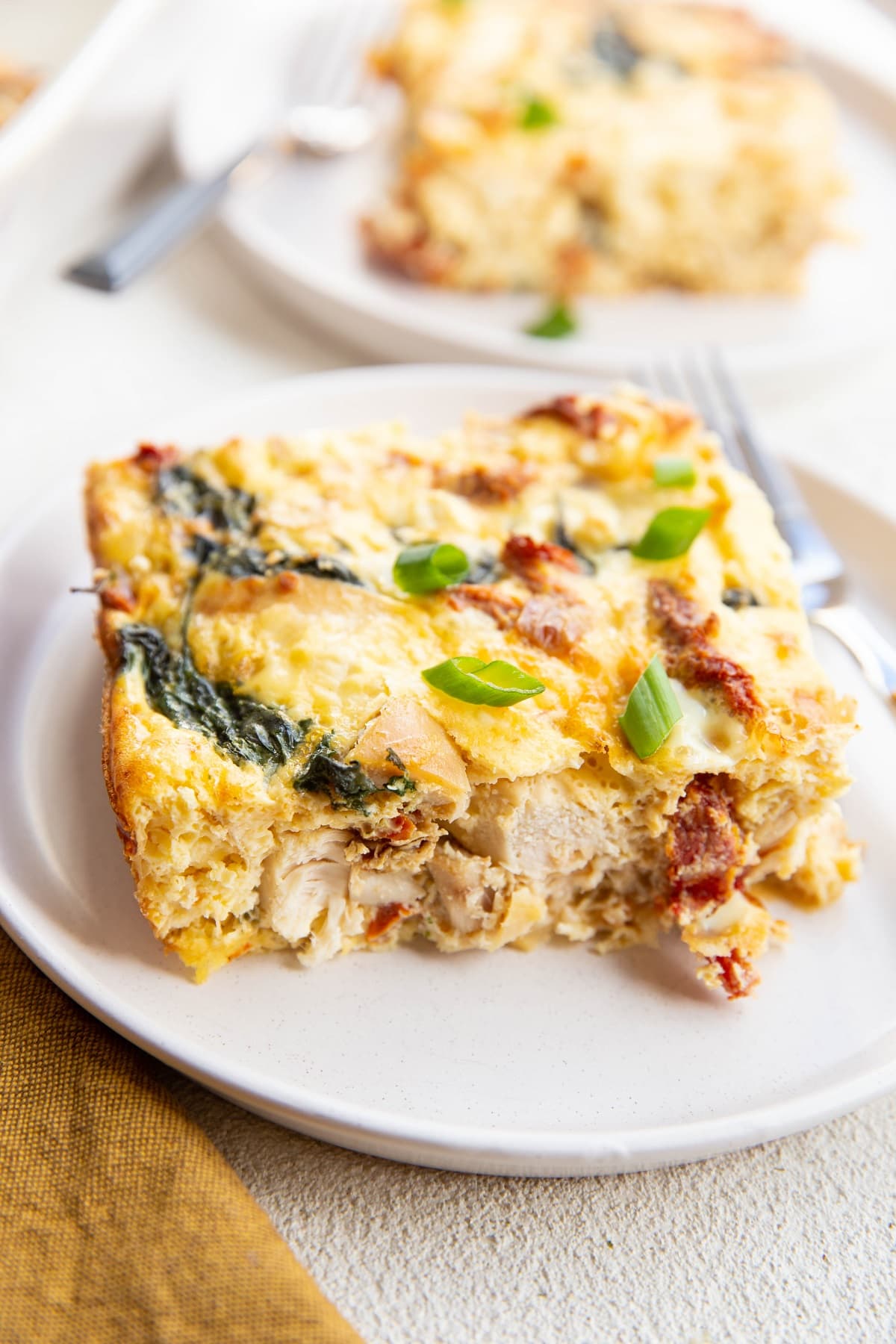 Close up on chicken and spinach egg casserole.