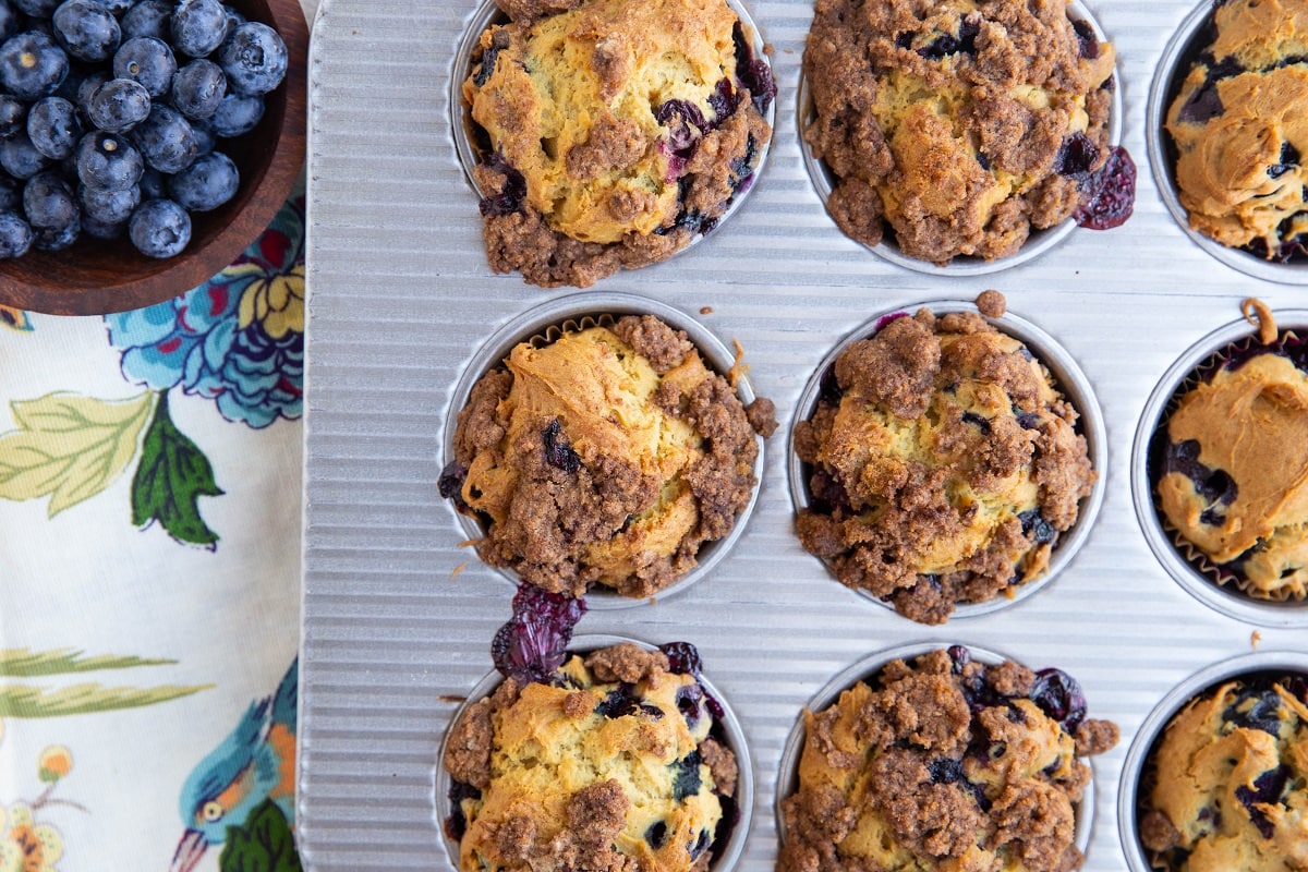 Freshly baked blueberry muffins out of the oven in a muffin pan.