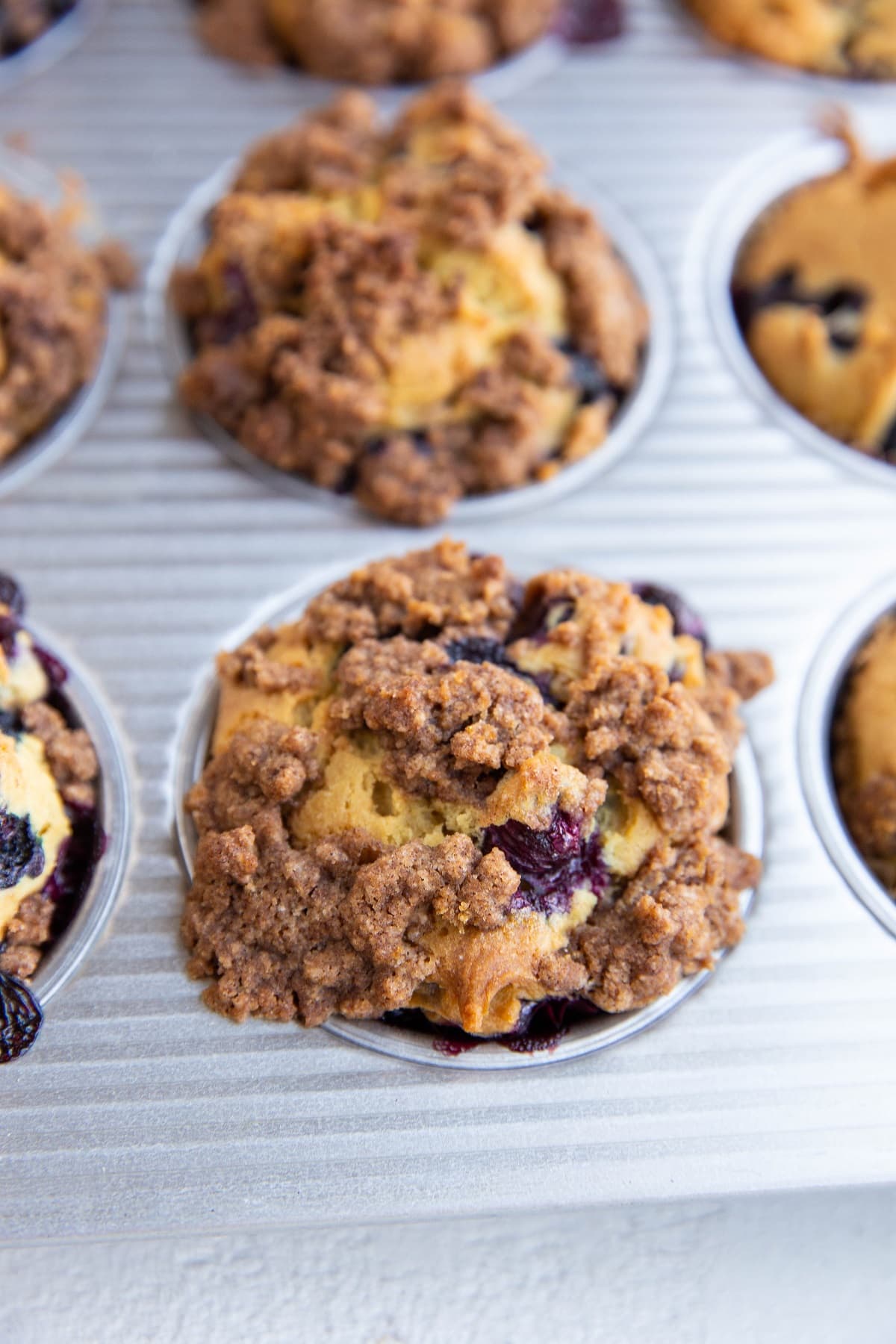 Blueberry muffins in a muffin tray, fresh out of the oven and ready to eat.