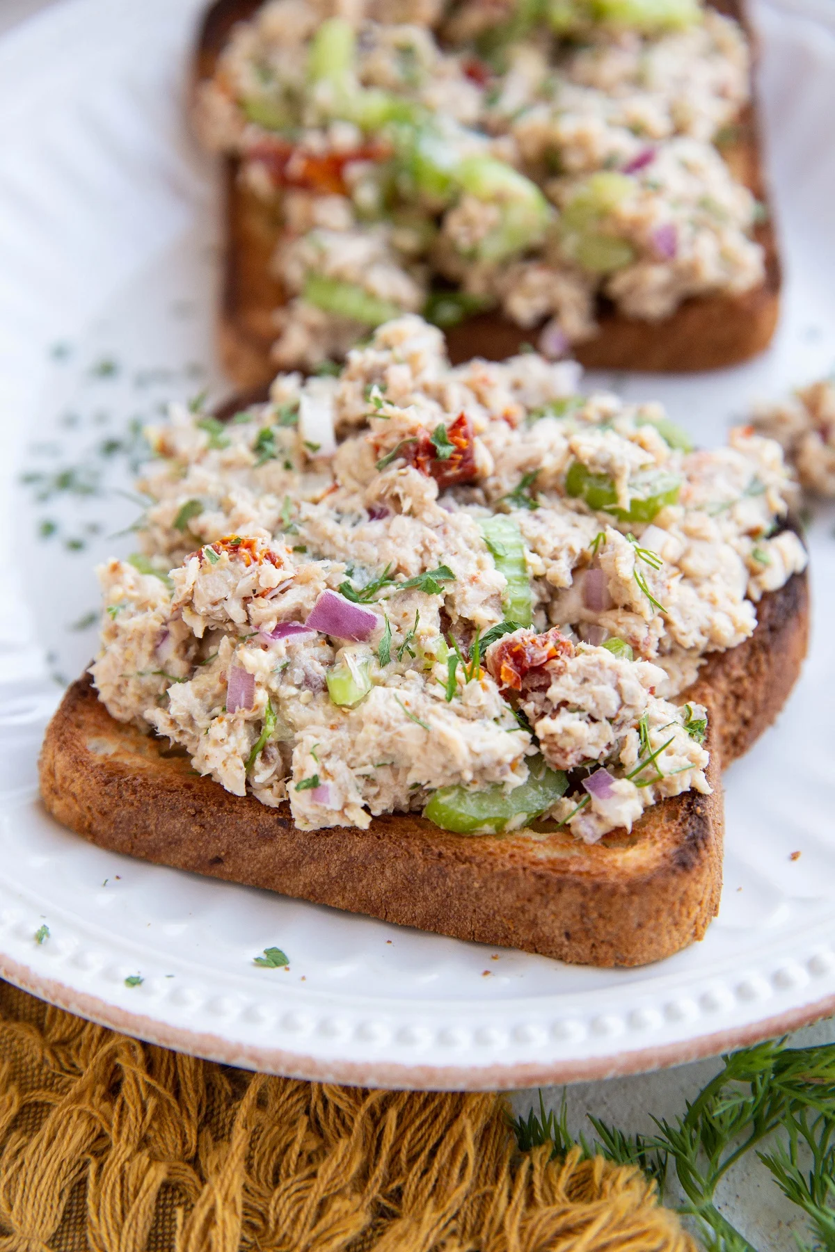 Two slices of toasted bread on a plate with tuna salad on top.