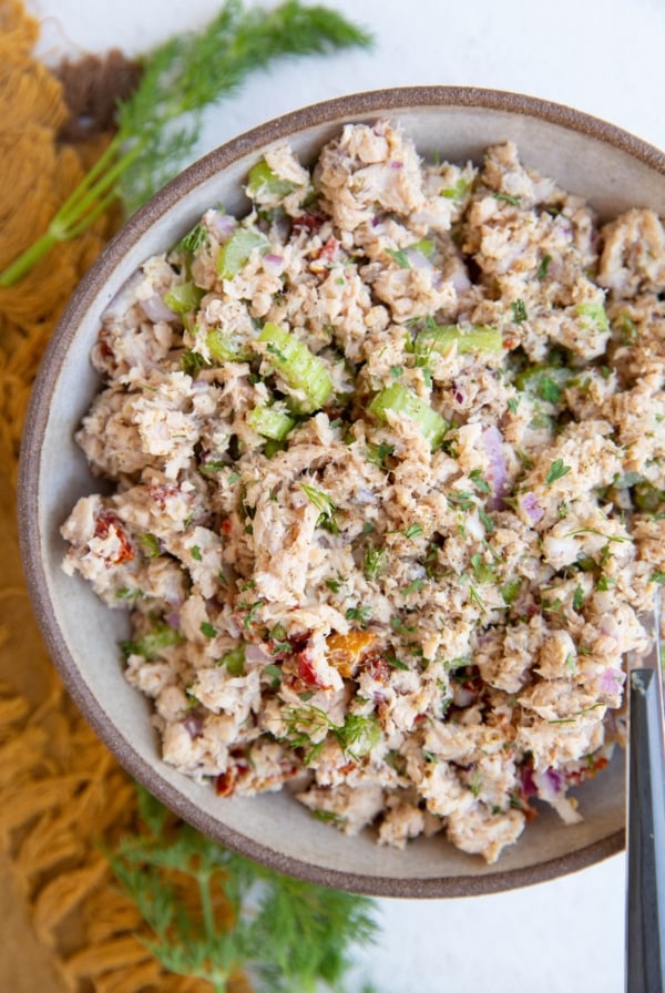 Big bowl of tuna salad, ready to eat.