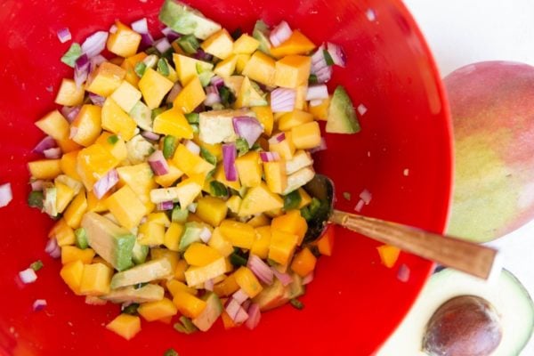 Mango salsa in a red mixing bowl, freshly stirred and ready to serve.