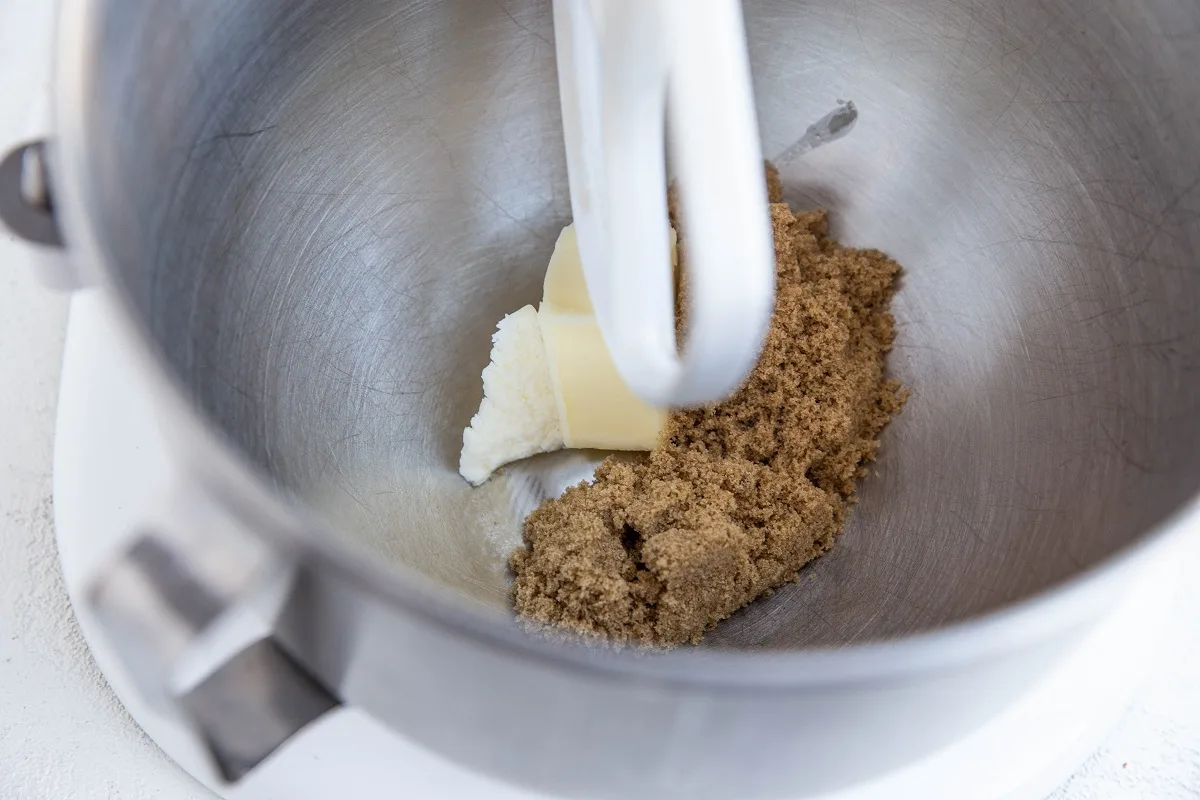 Brown sugar and butter in a stand mixer