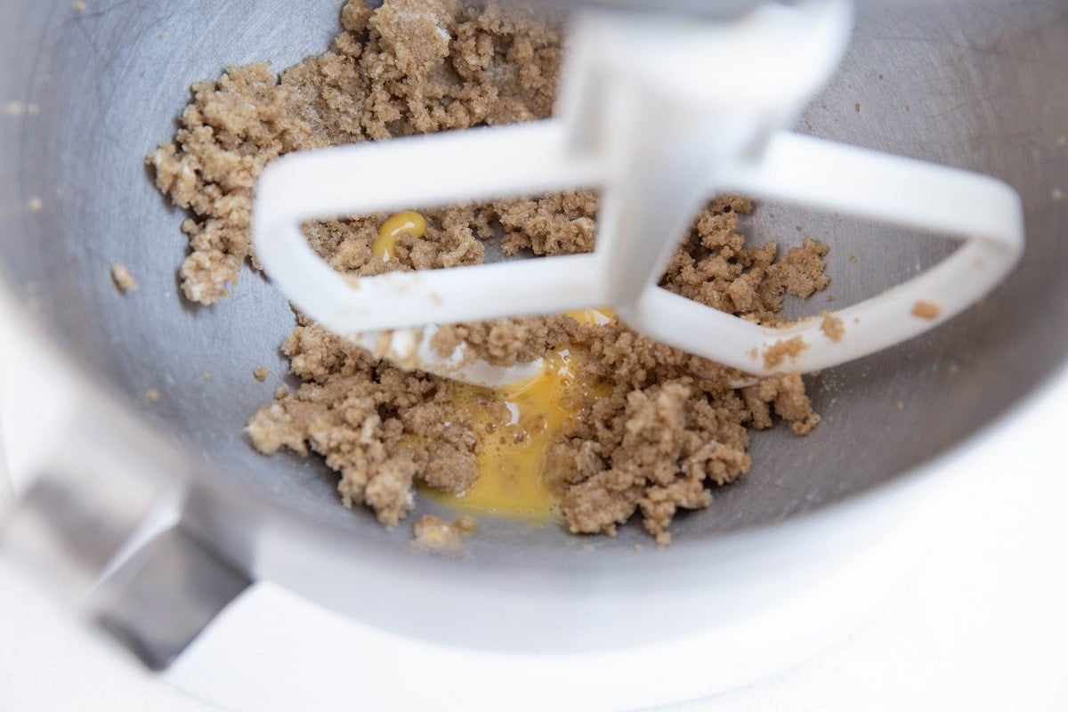 Butter, sugar, and beaten egg in a stand mixer.