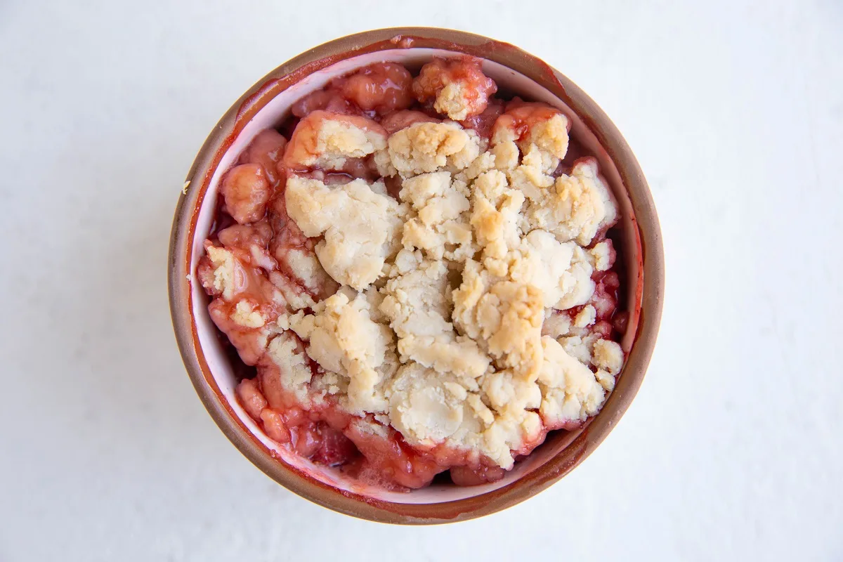 Fresh strawberry cobbler out of the oven, ready to serve.