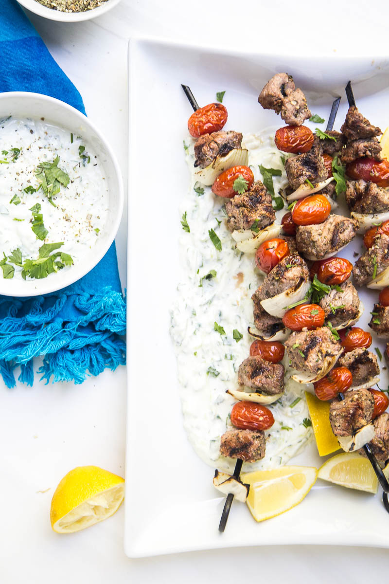 Easy Greek Steak Kebabs with tzatziki sauce