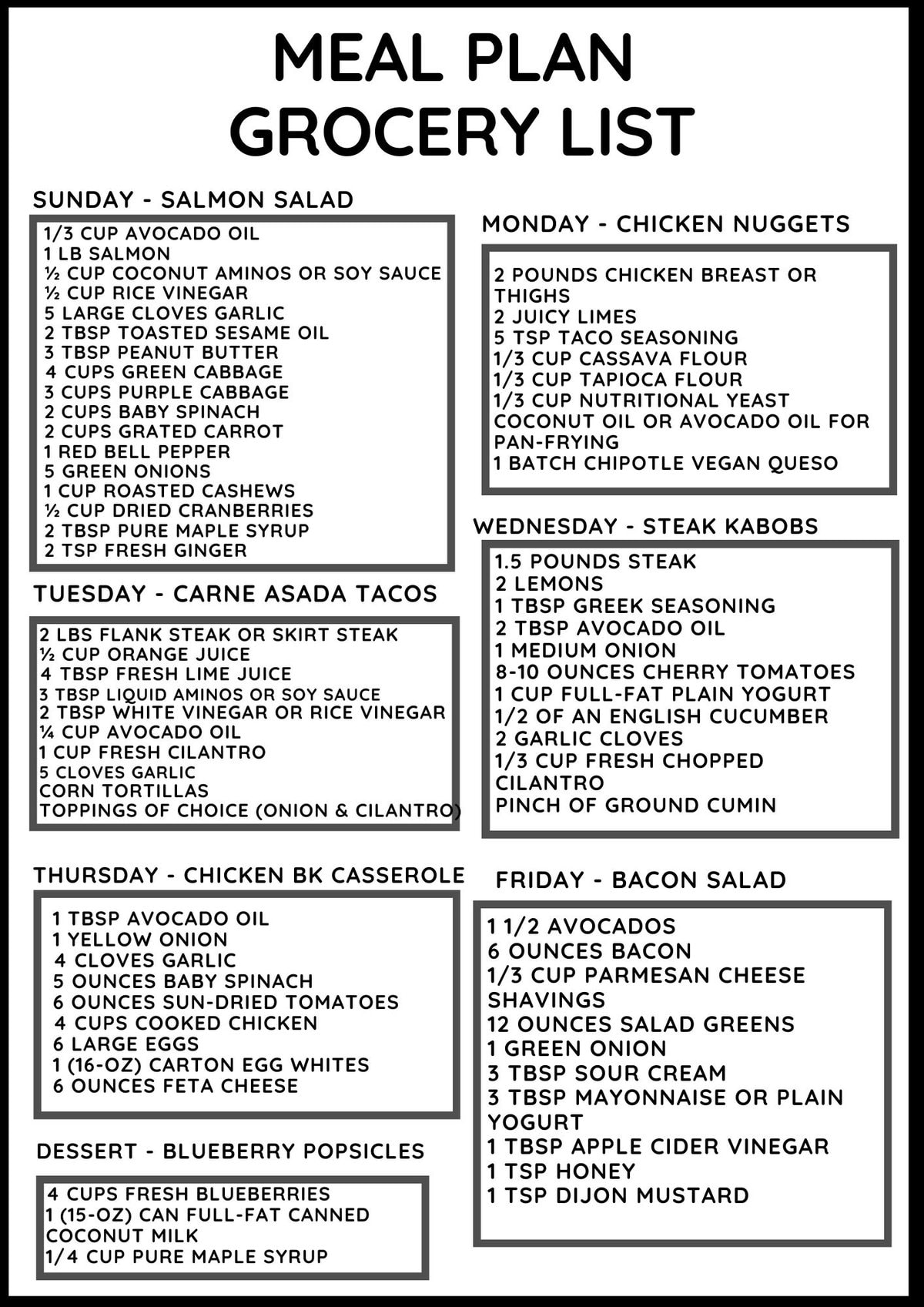 Healthy meal plan grocery list.