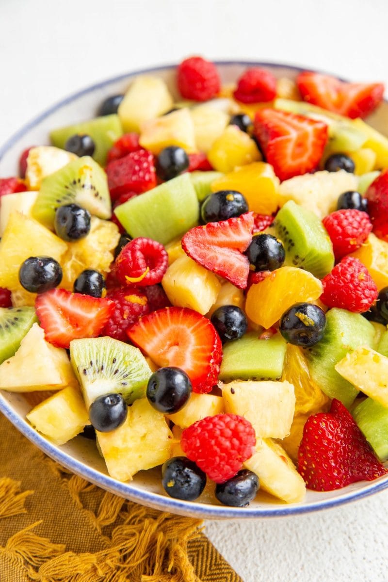Fruit salad in a bowl, ready to serve.