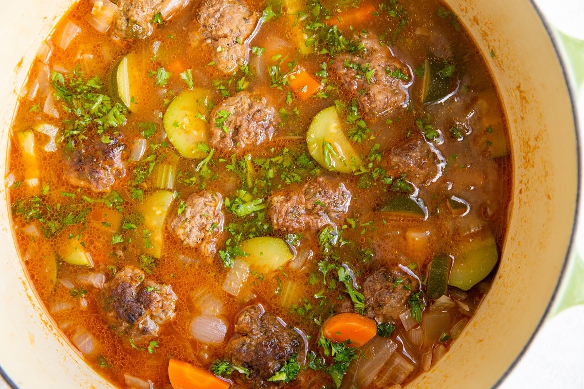 Big pot of albondigas soup, ready to serve.