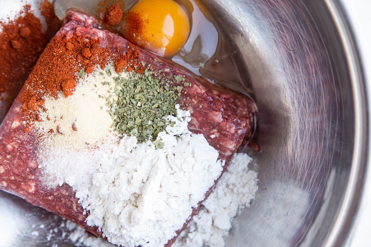 Meatball ingredients in a bowl, ready to be mixed up.