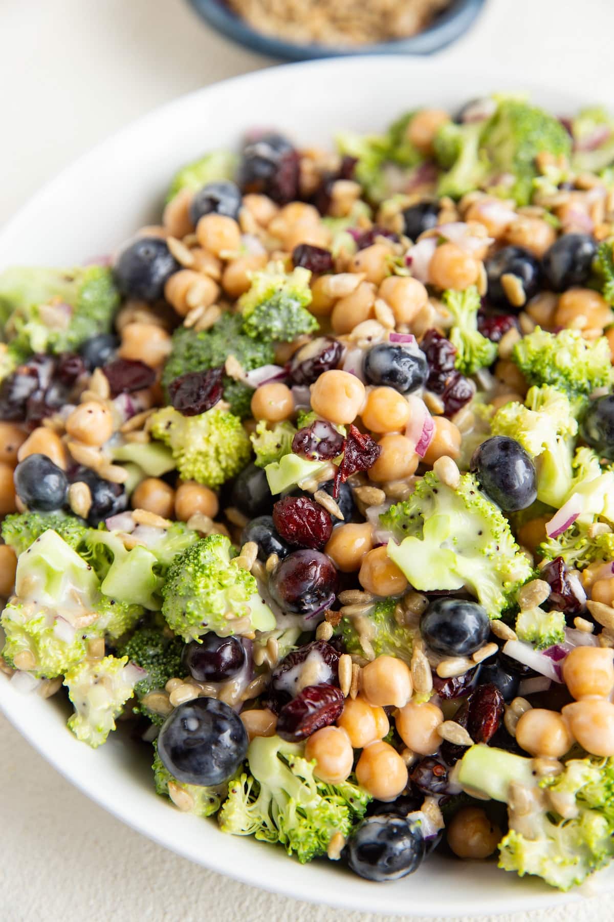 Close up of garbanzo bean broccoli salad, ready to serve.