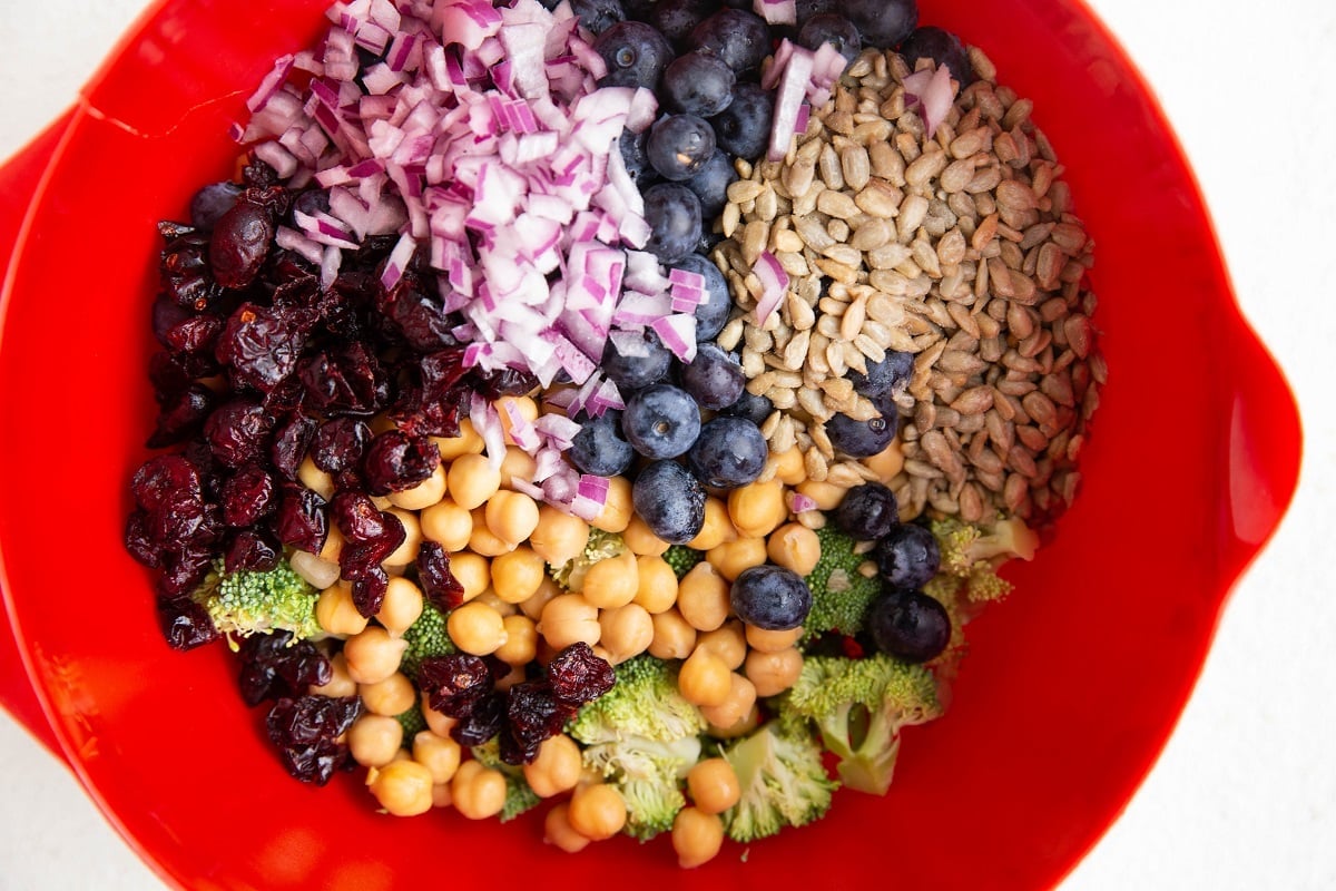 Broccoli, chickpeas, red onion, sunflower seeds, blueberries and dried cranberries in a red mixing bowl.
