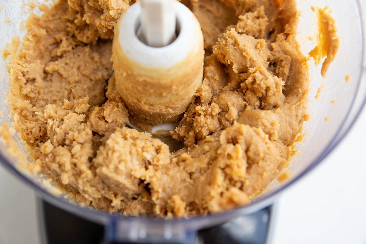 Chickpea cookie dough in a food processor.