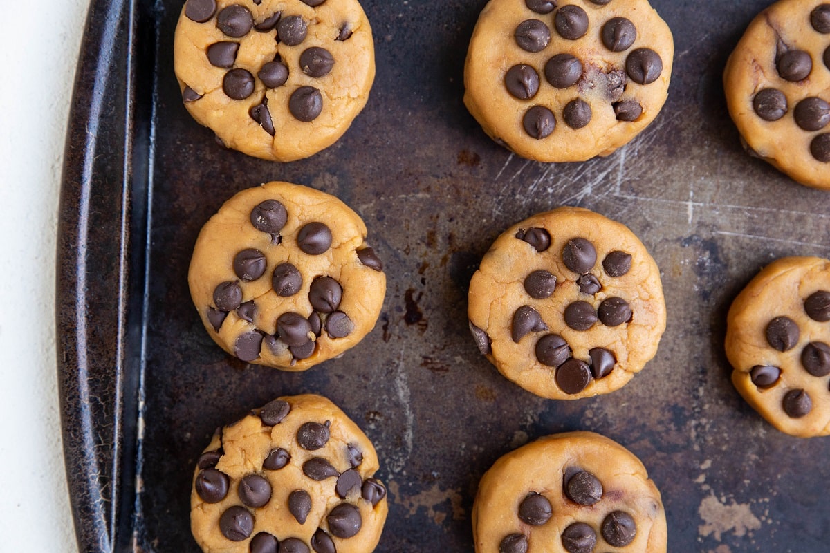 Peanut butter chickpea cookies on a baking sheet.