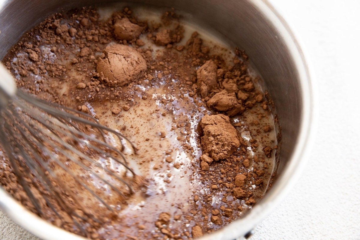 Whisking cocoa powder into coconut milk.