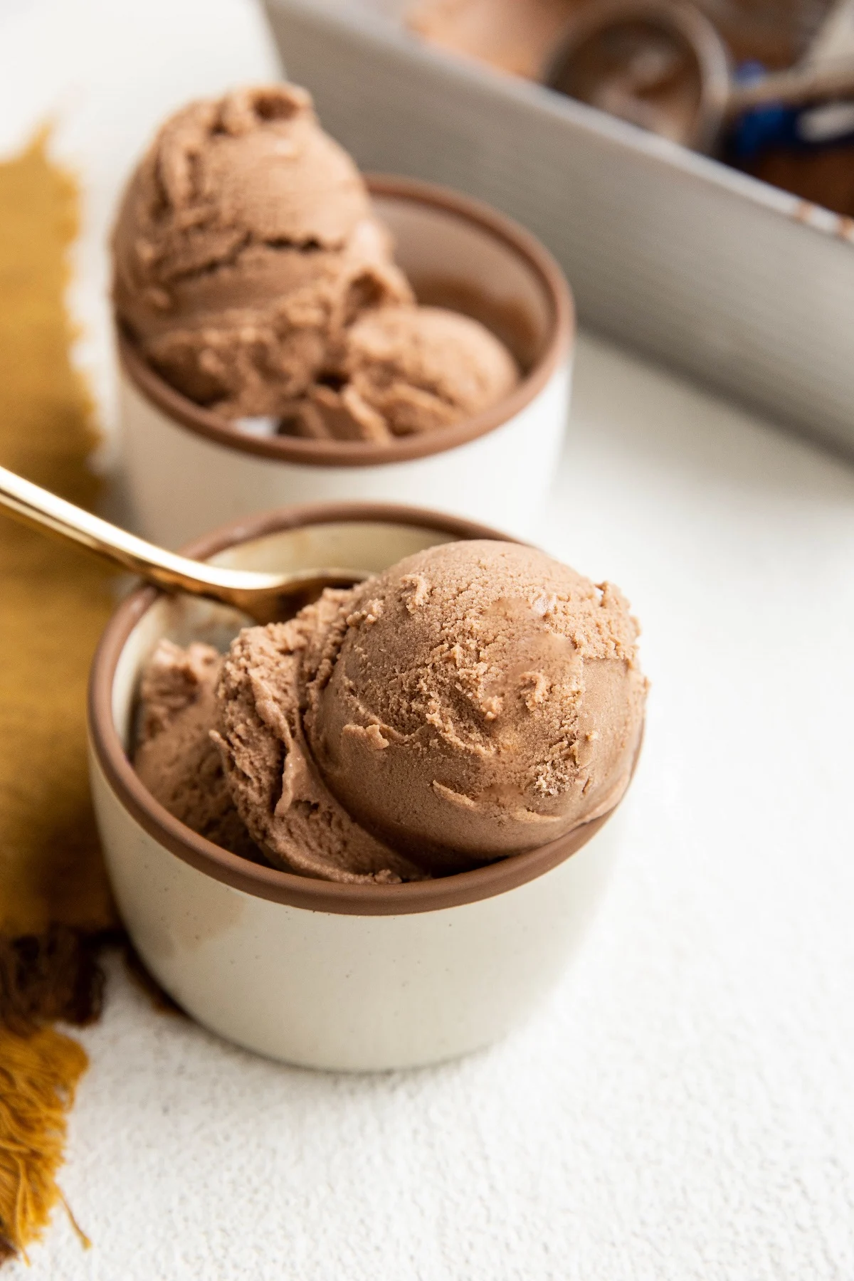 Two bowls of delicious dairy-free chocolate ice cream.
