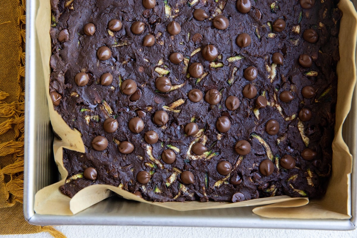 Zucchini brownies fresh out of the oven, ready to eat.