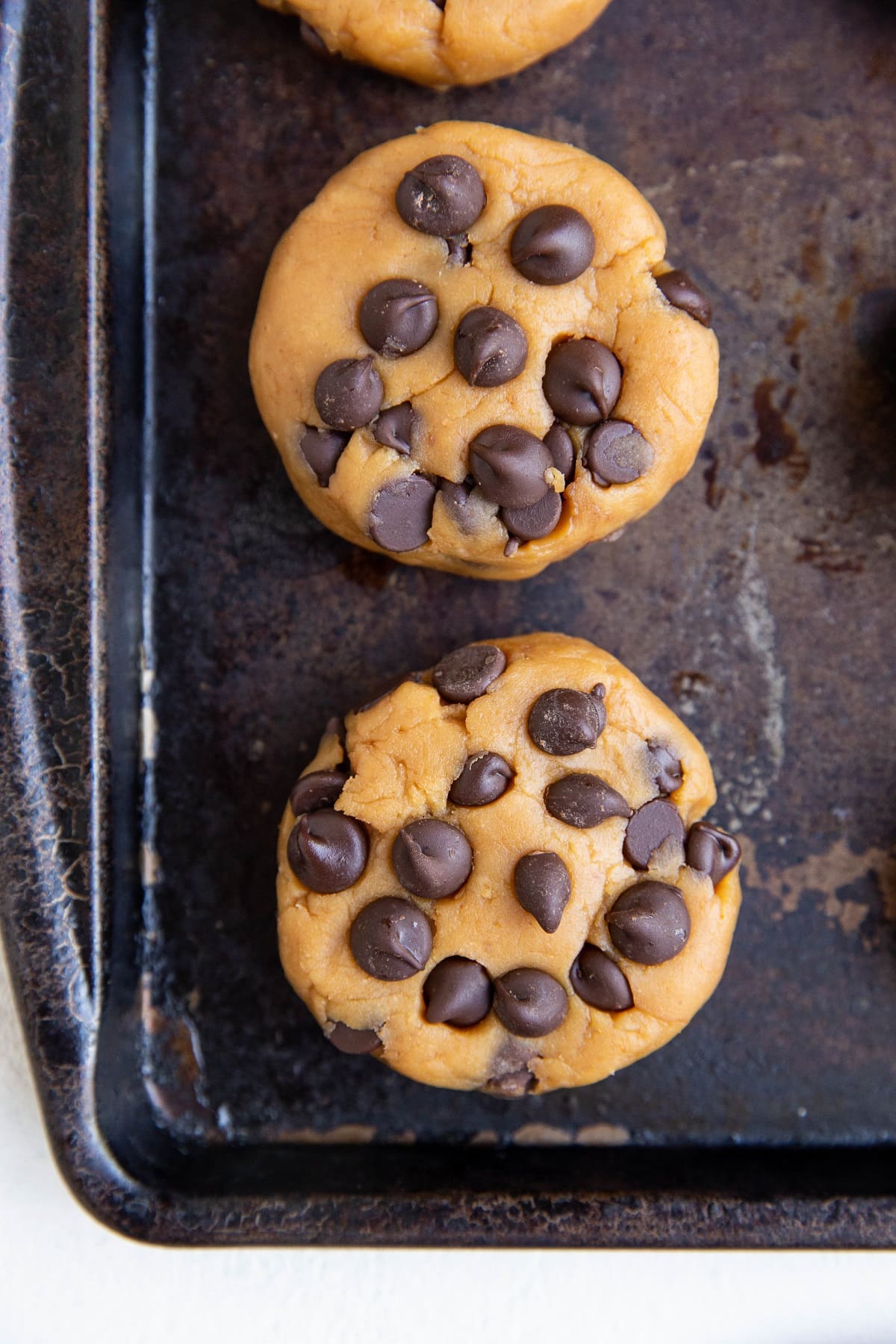 Chickpea Cookie Dough on a baking sheet, ready to serve.