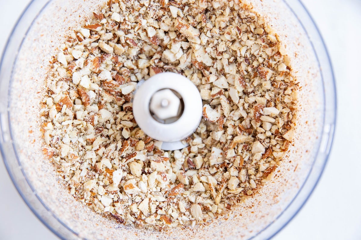 Chopped nuts in a food processor.