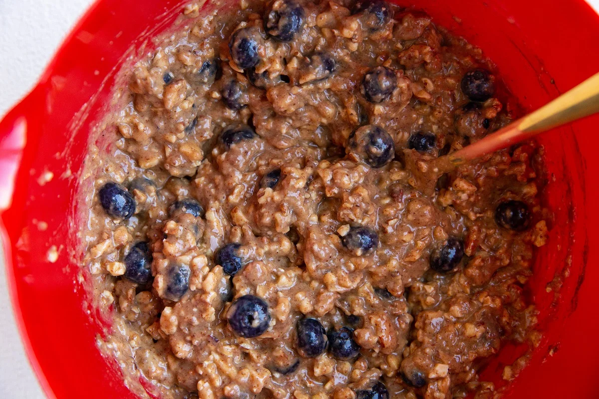 Blueberry banana nut cookie dough in a mixing bowl, ready to be baked.