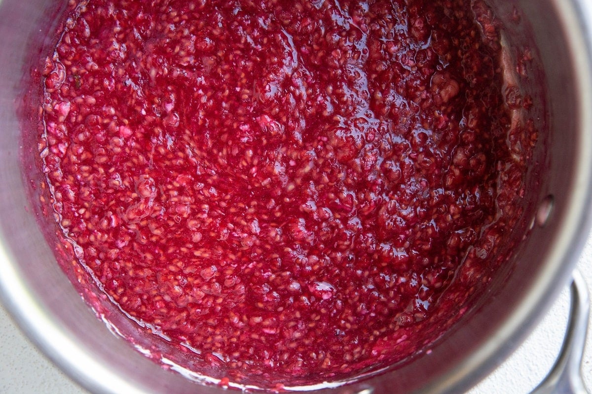 Raspberry mixture in a pot.