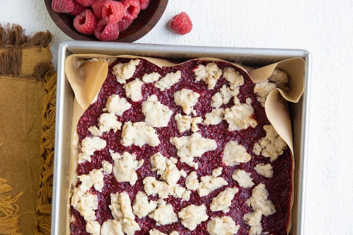 Raspberry crumb bars fresh out of the oven.
