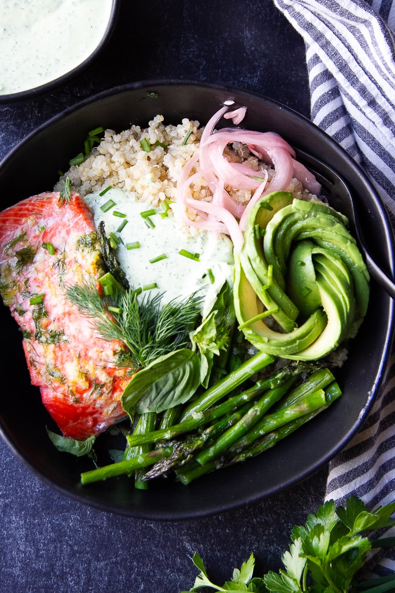 Salmon and Asparagus Green Goddess Bowls