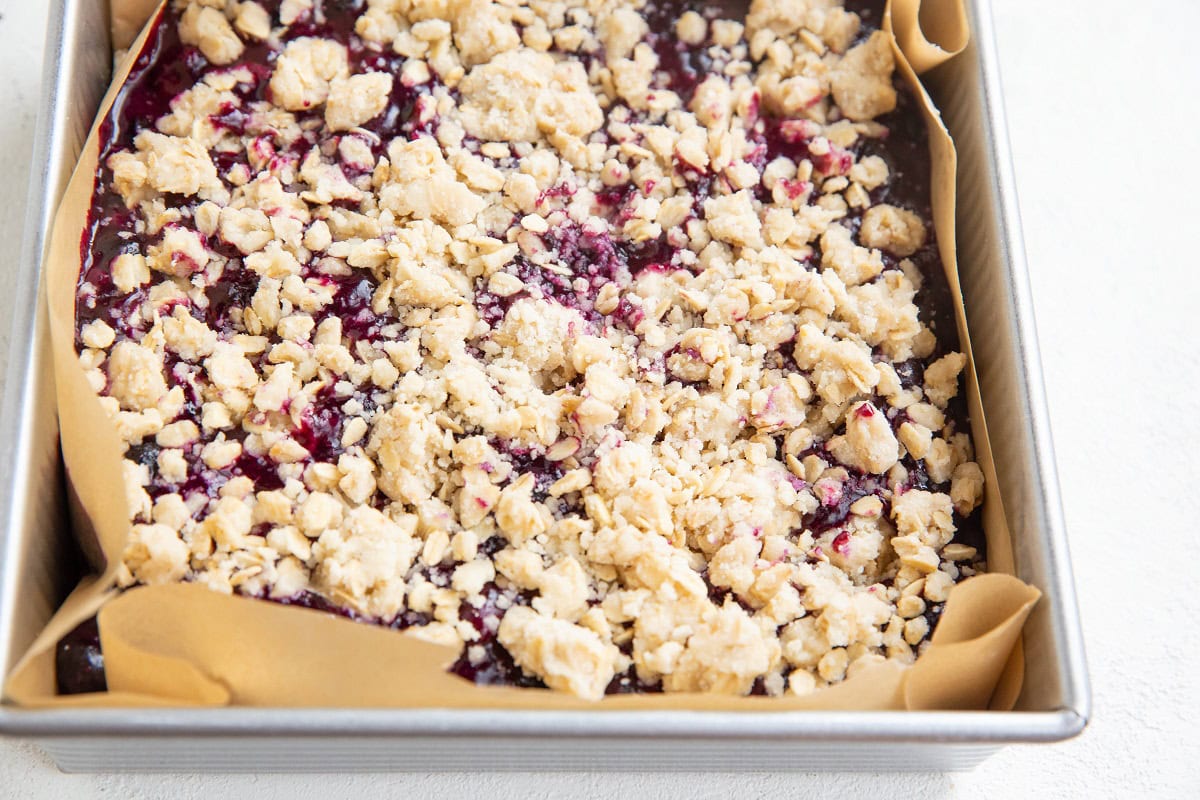 Blueberry crumb bars, ready to go into the oven to bake.