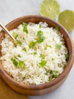 Wooden bowl of cilantro lime rice.