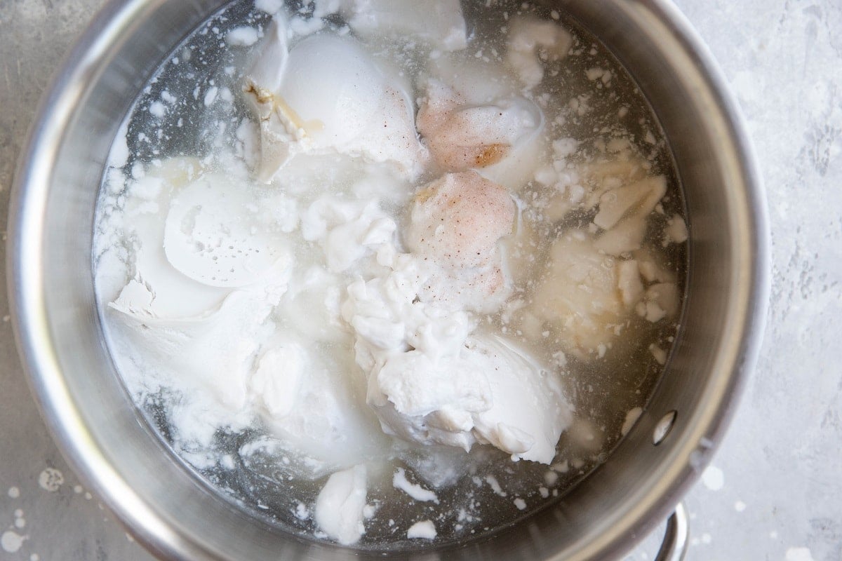 Ingredients for 3-ingredient dairy-free vanilla ice cream in a saucepan