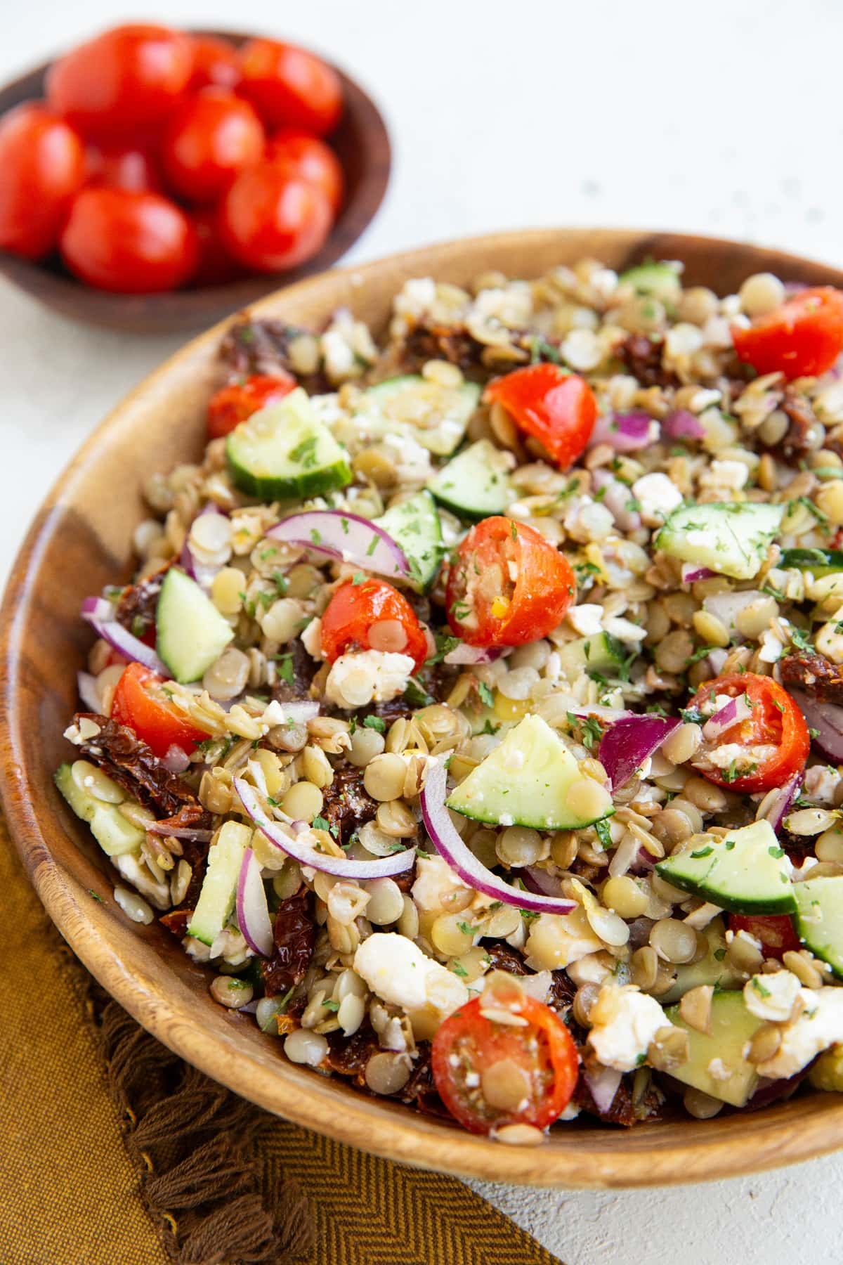 Bowl of lentil salad, ready to serve.