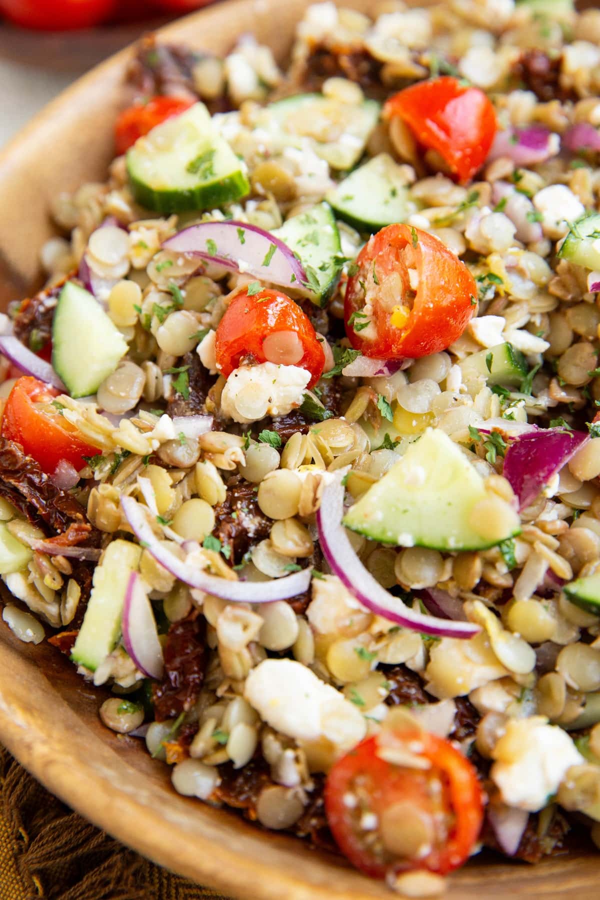 Close up on lentil salad with fresh veggies.