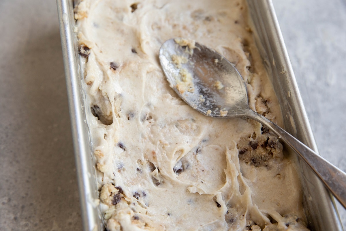 Healthy cookie dough ice cream in a loaf pan, ready to freeze