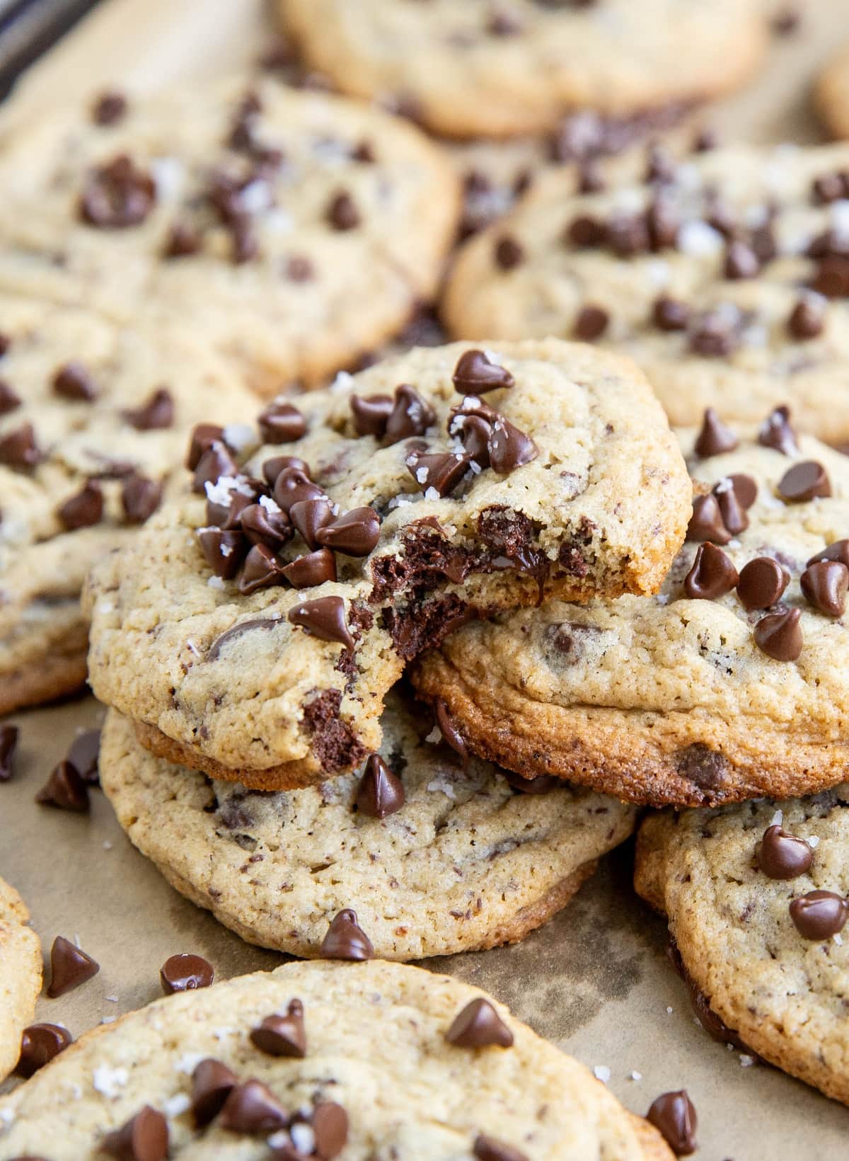 Pile of chocolate chip cookies on a baking sheet with a bite taken out of one of them.