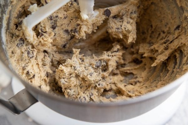 Oat flour cookie dough in a stand mixer, ready to be baked.